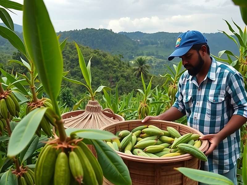 Cardamom Crusade Plantation Management Cardamom Crusade Cultivation Gameplay showing farmer harvesting cardamom pods in Kerala hills