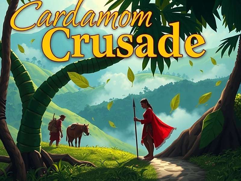 Cardamom Crusade Official Cover Cardamom Crusade Game Cover featuring Indian spice traders in Kerala hills with cardamom plantations